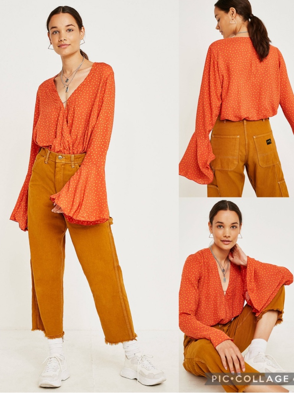 Free People Intimately Rust Polka Dot Bell Sleeve Blouse Top